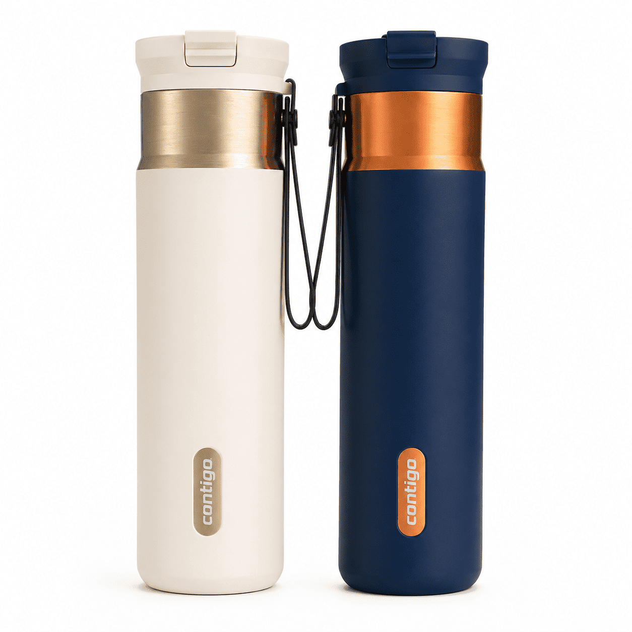 Contigo Stainless Steel Water Bottles 24 oz, Leakproof Insulated, SnapSeal & Dual Sip Lid, 2-Pack (Oatmilk/Champagne & Abyss Blue/Bronze) product photo