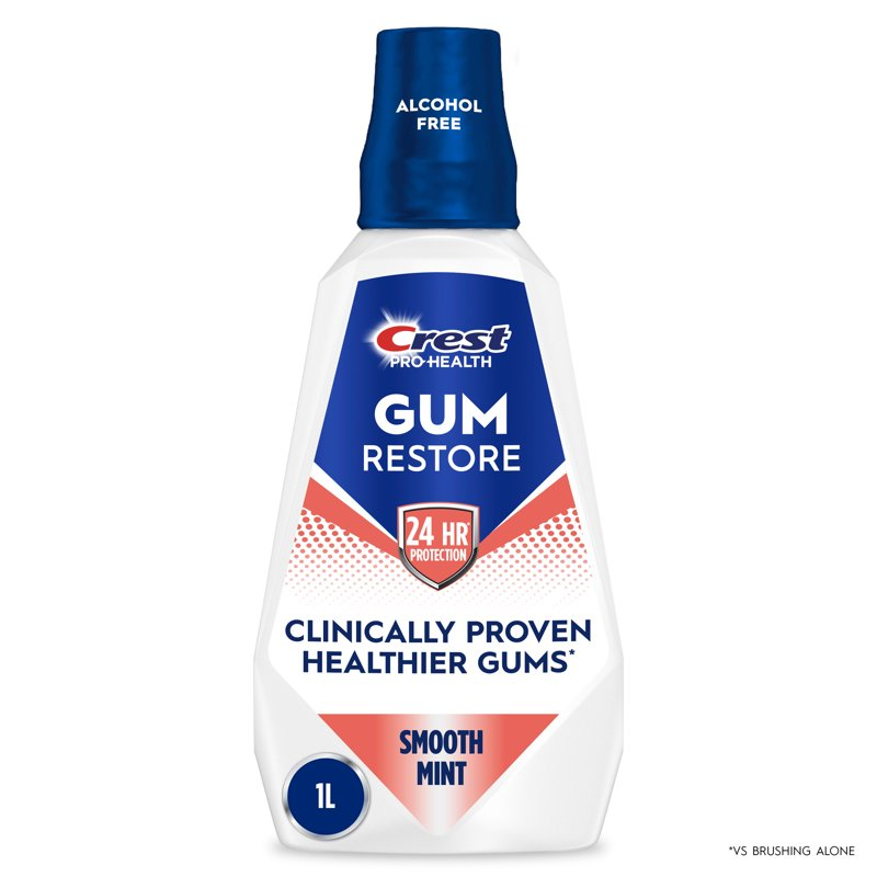 Crest Mouthwash, Pro-Health Gum Restore Mouthwash/Mouth Rinse, Antigingivitis/Antiplaque, Alcohol Free, Smooth Mint, 1L (33.8 fl oz) product photo