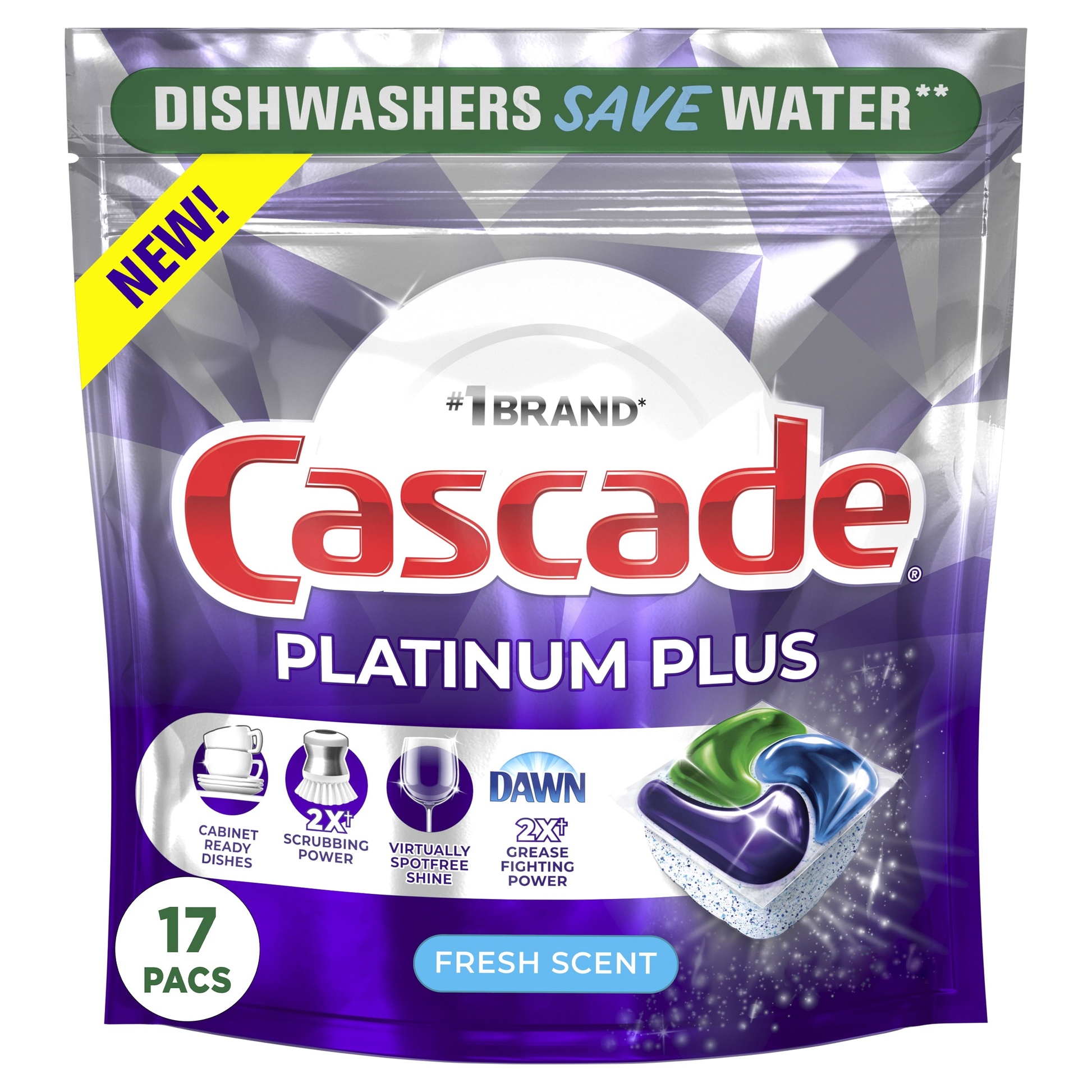 Platinum Plus Dishwasher Pods, Action Pacs Dishwasher Detergent Tabs, Fresh, 17 Count product photo