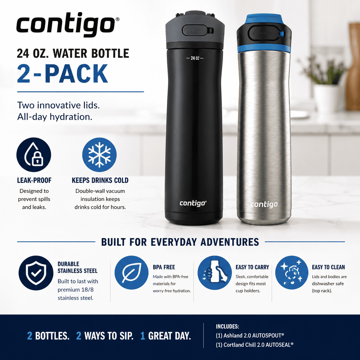 Contigo® 2-Pack 24 oz Water Bottles – Ashland 2.0 AUTOSPOUT® Licorice Black + Cortland Chill 2.0 Stainless Steel AUTOSEAL® Leakproof Bottles product photo