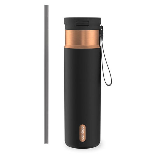 Contigo 24 oz SnapSeal Leak-Proof Stainless Steel Water Bottle – Keeps Drinks Hot & Cold, Reusable Straw, Spill-Proof for Bags, Carry Strap, Black/Bronze product photo