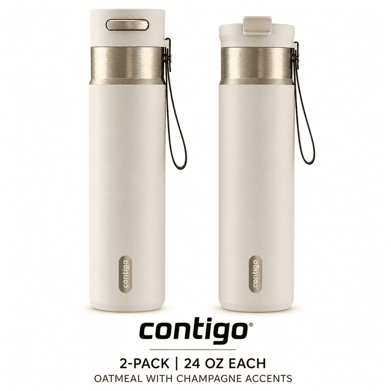 Contigo® 2-Pack 24 oz Leakproof Water Bottles – DualSip 2-Way Lid & AutoSeal®, Insulated, Carrying Strap, BPA-Free, Oatmeal with Champagne Accents product photo