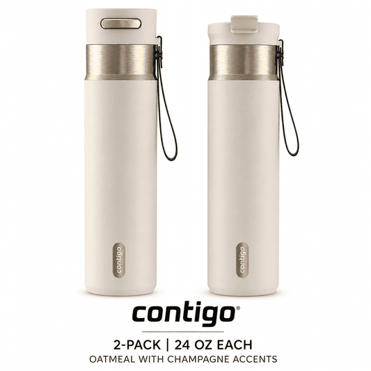 Contigo® 2-Pack 24 oz Leakproof Water Bottles – DualSip 2-Way Lid & AutoSeal®, Insulated, Carrying Strap, BPA-Free, Oatmeal with Champagne Accents product photo