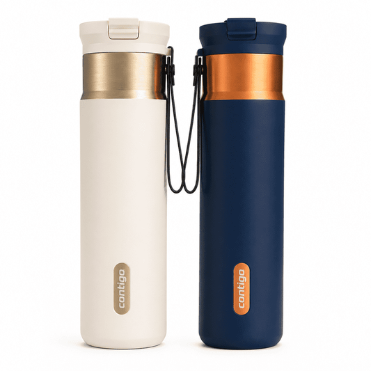 Contigo Stainless Steel Water Bottles 24 oz, Leakproof Insulated, SnapSeal & Dual Sip Lid, 2-Pack (Oatmilk/Champagne & Abyss Blue/Bronze) product photo