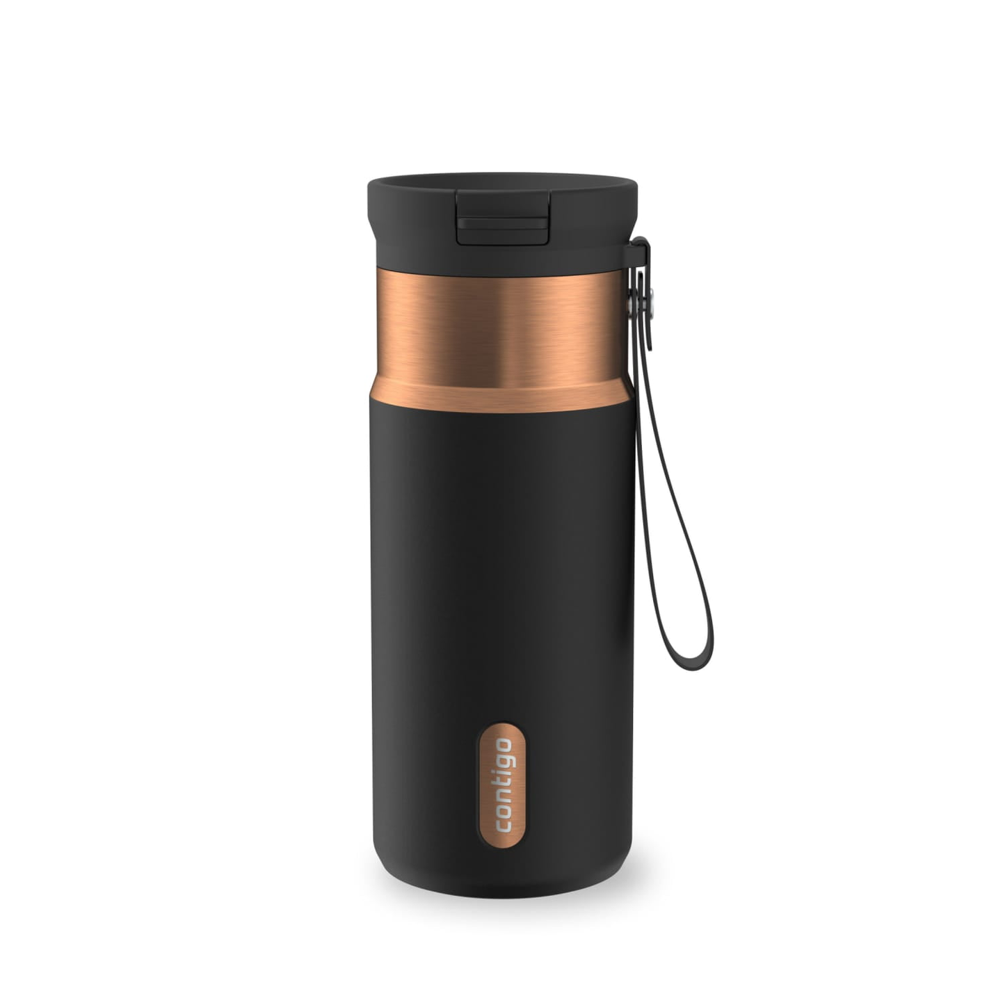 Contigo SnapSeal Leakproof Stainless Steel Reusable Water Bottle with Carrying Strap, Black/Bronze, 16 oz product photo