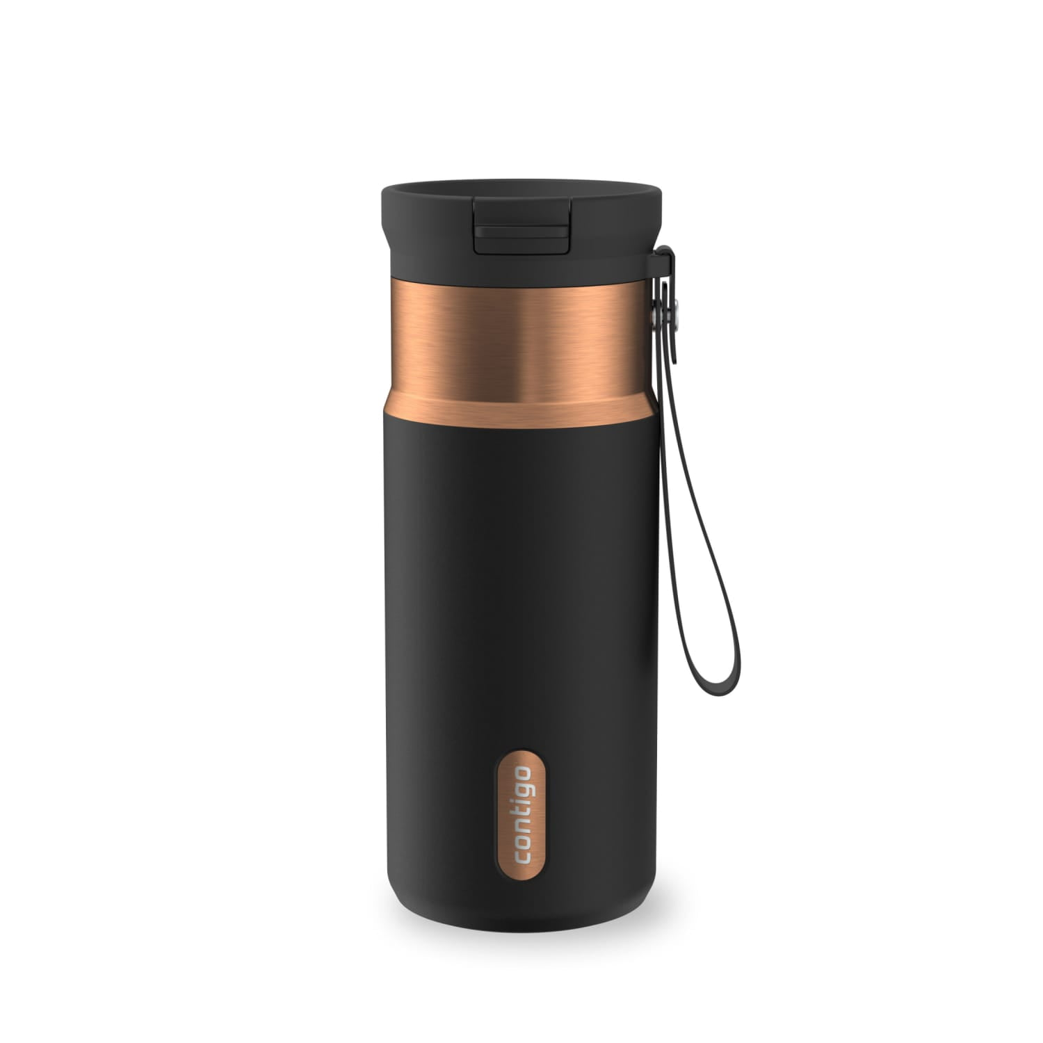 Contigo SnapSeal Leakproof Stainless Steel Reusable Water Bottle with Carrying Strap, Black/Bronze, 16 oz product photo