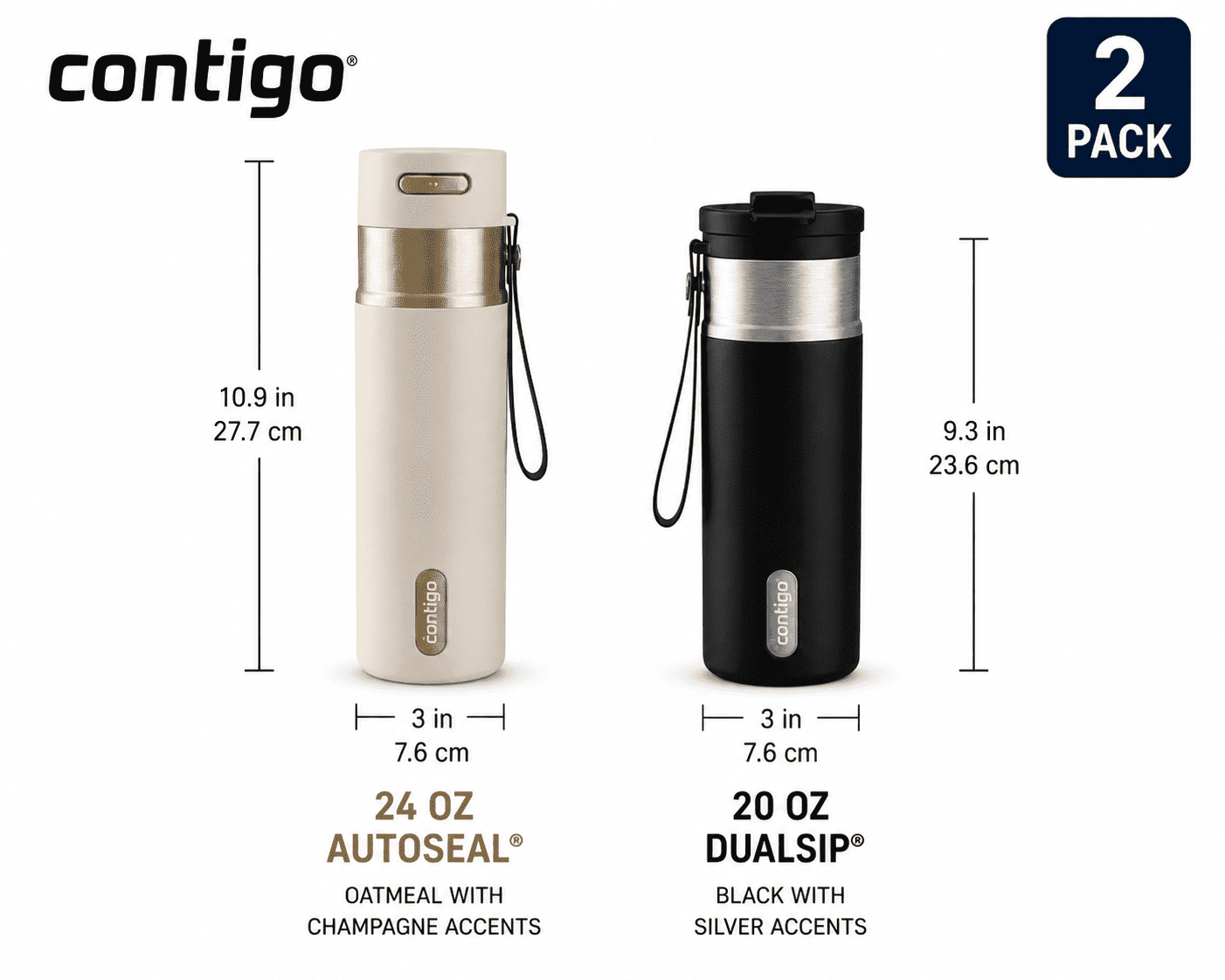 Contigo 2-Pack Water Bottles  AutoSeal 24 oz Leakproof Bottle with Carry Strap Oatmeal/Champagne and  DualSip 20 oz Insulated Bottle with 2-Way Lid Black/Silver product photo