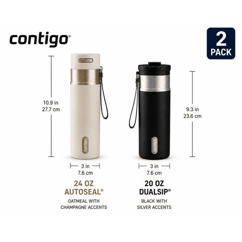 Contigo 2-Pack Water Bottles  AutoSeal 24 oz Leakproof Bottle with Carry Strap Oatmeal/Champagne and  DualSip 20 oz Insulated Bottle with 2-Way Lid Black/Silver product photo