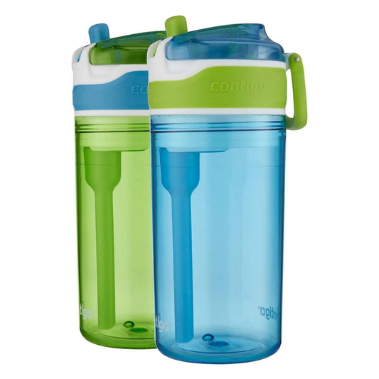 Contigo Kids 2-in-1 Snack Hero Tumbler Featuring 4oz Snack Holder Stacked on Top of 13oz Water Bottle - BPA Free, Durable Tritan w/Flexible Carry Handle & Spill-Proof Valve, Green & Blue – 2 Pack product photo