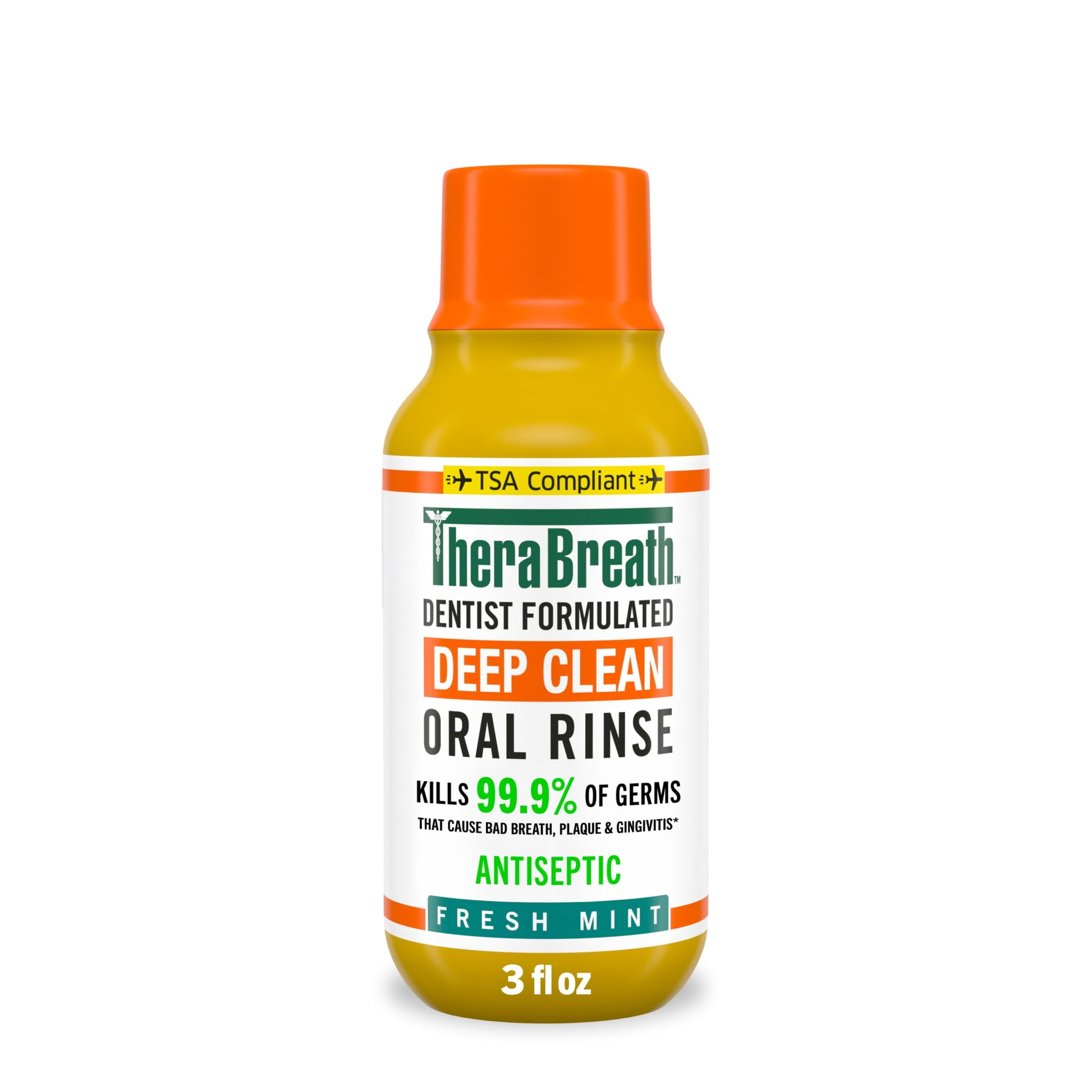 TheraBreath Deep Clean Antiseptic Mouthwash, Antigingivitis, Fresh Mint Flavor Dentist Formulated, Alcohol Free, TSA Compliant Travel Size, 3 fl oz product photo