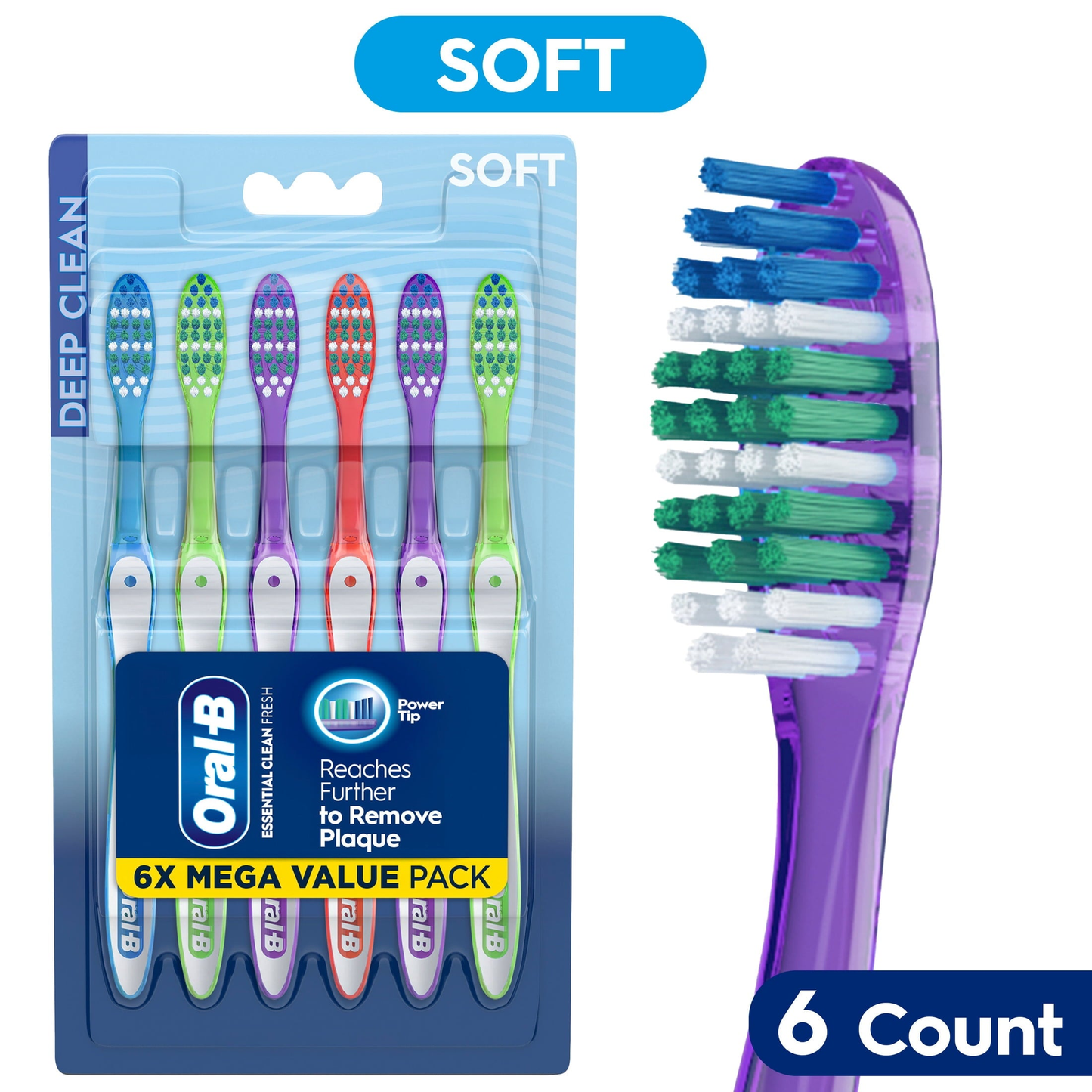(4 pack)  Toothbrush Pack, Essential Clean Manual Toothbrushes, Soft Bristles, 6 Count product photo